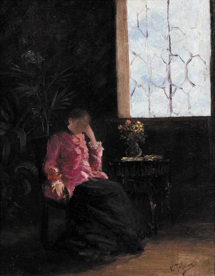 Edoardo Tofano-7-Donna che riposa vicino a un tavolo su piedistallo